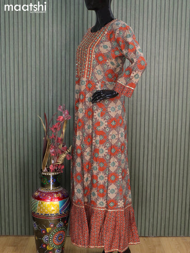 Muslin readymade floor length kurti rustic orange and beige with allover prints & embroidery mirror work neck pattern without pant