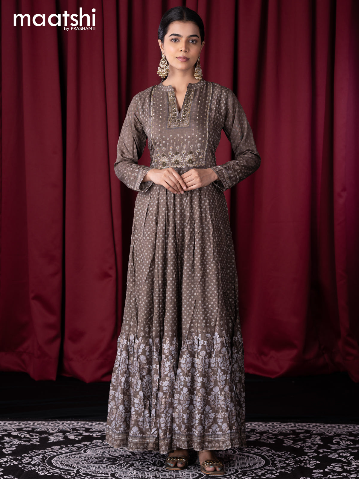 Muslin readymade floor length kurti olive green and with allover prints & embroidery sequin work neck pattern without pant