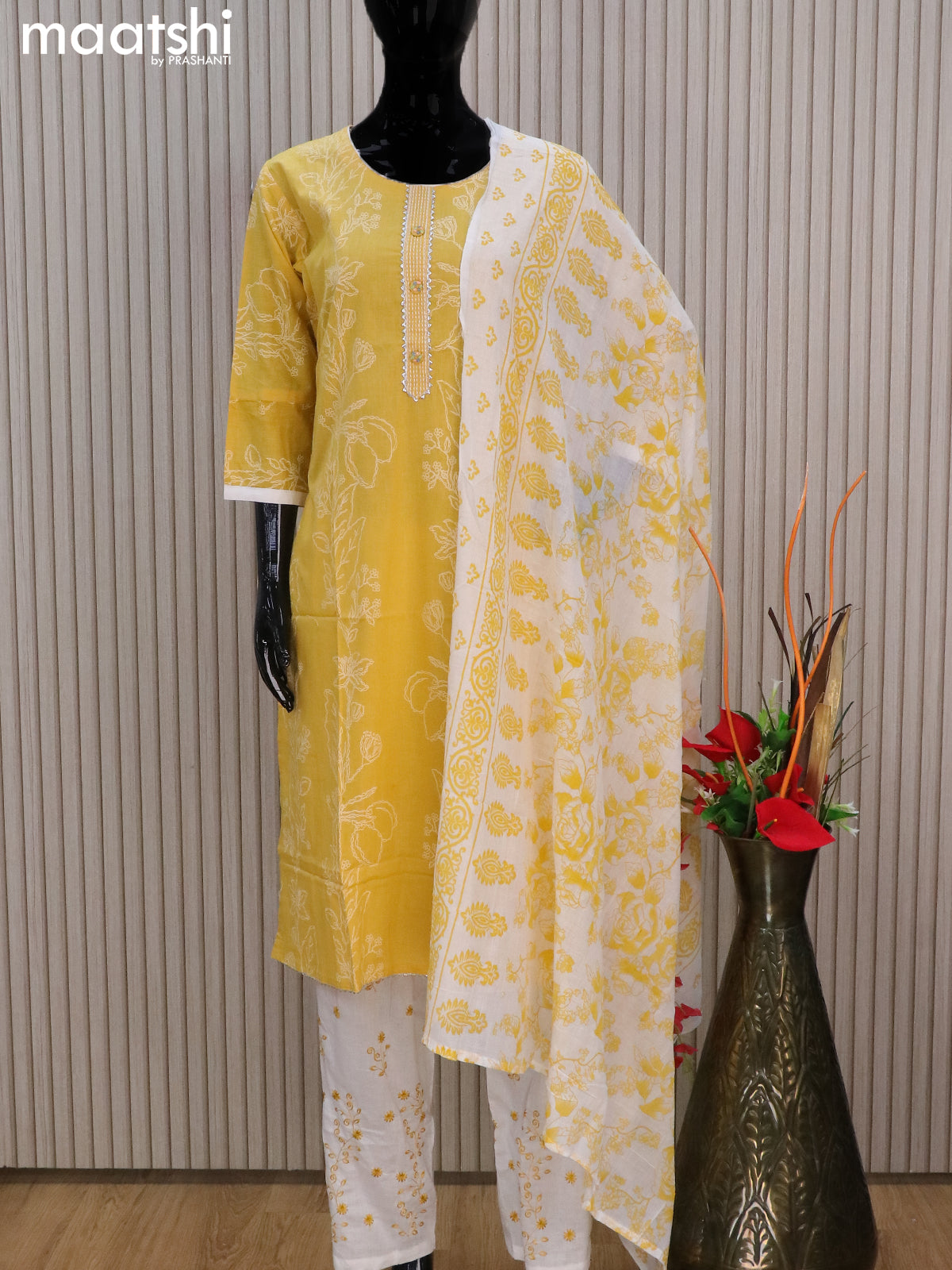 Cotton readymade salwar suits yellow and off white with allover prints & lace work neck pattern and straight cut pant & cotton dupatta