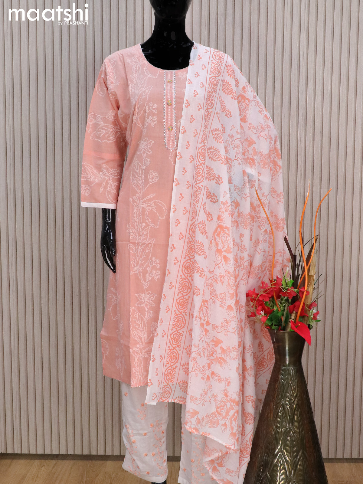 Cotton readymade salwar suits peach orange and off white with allover prints & lace work neck pattern and straight cut pant & cotton dupatta