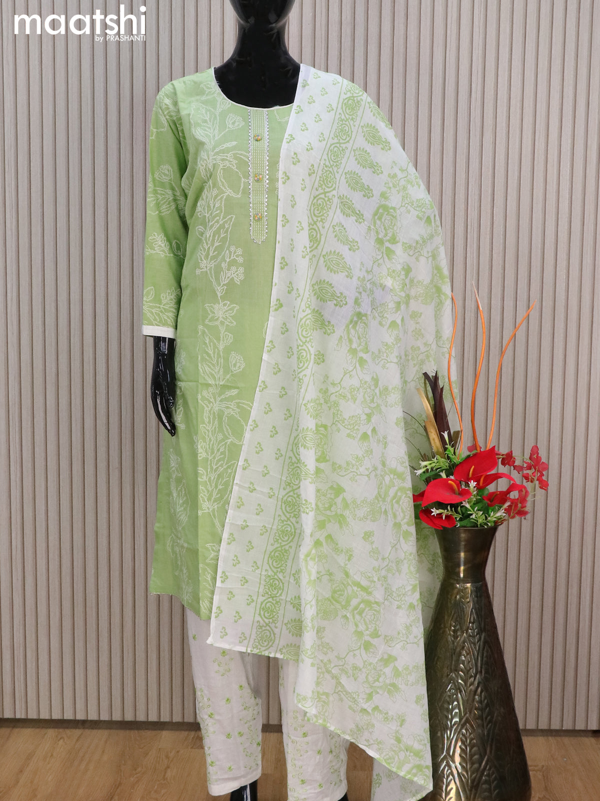 Cotton readymade salwar suits light green shade and off white with allover prints & lace work neck pattern and straight cut pant & cotton dupatta