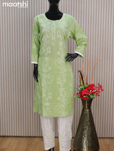 Cotton readymade salwar suits light green shade and off white with allover prints & lace work neck pattern and straight cut pant & cotton dupatta