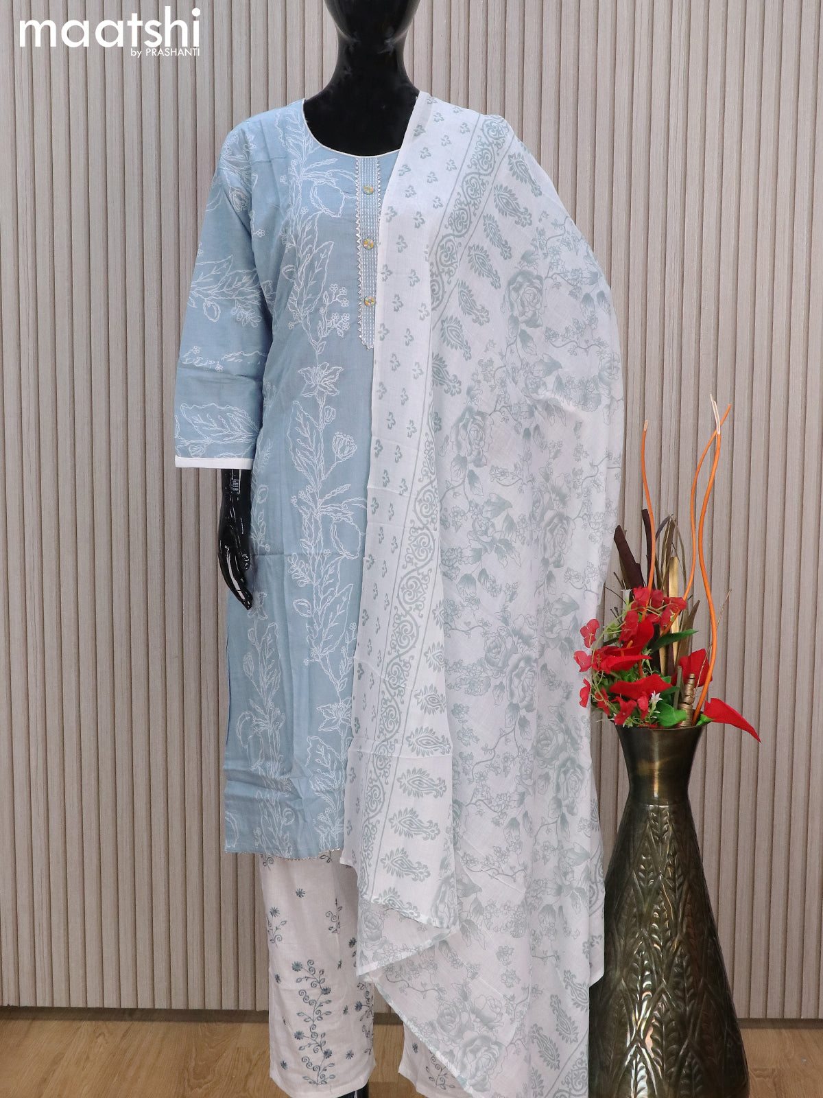 Cotton readymade salwar suits geyish blue and off white with allover prints & lace work neck pattern and straight cut pant & cotton dupatta