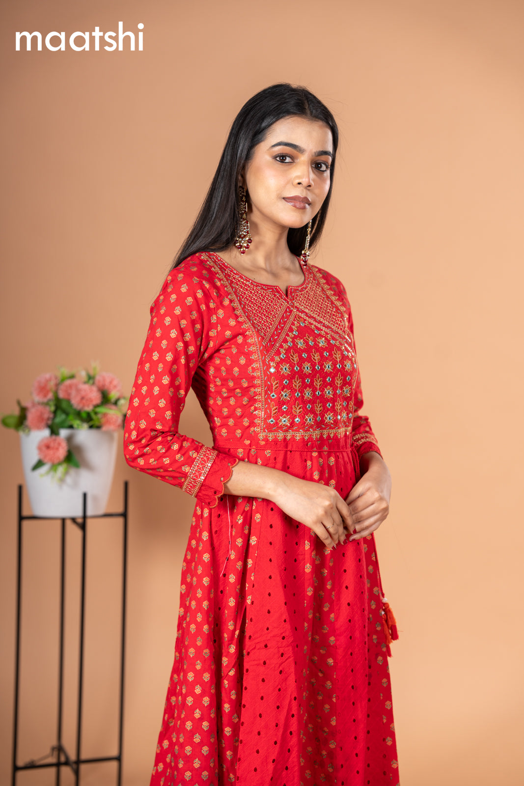 Cotton readymade anarkali kurti red with floral prints hakoba & sequin work without pant