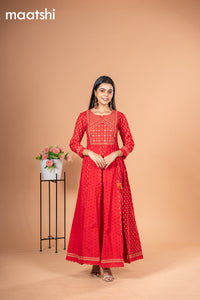 Cotton readymade anarkali kurti red with floral prints hakoba & sequin work without pant