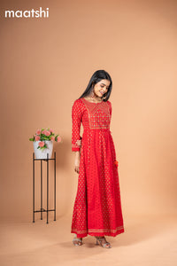 Cotton readymade anarkali kurti red with floral prints hakoba & sequin work without pant