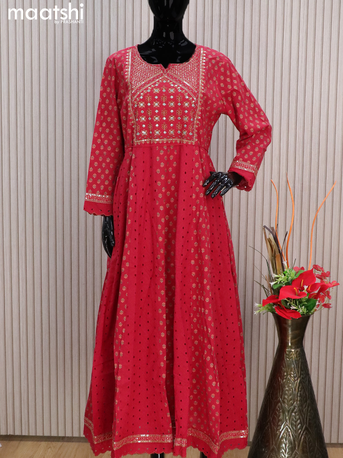 Cotton readymade anarkali kurti red with floral prints hakoba & sequin work without pant