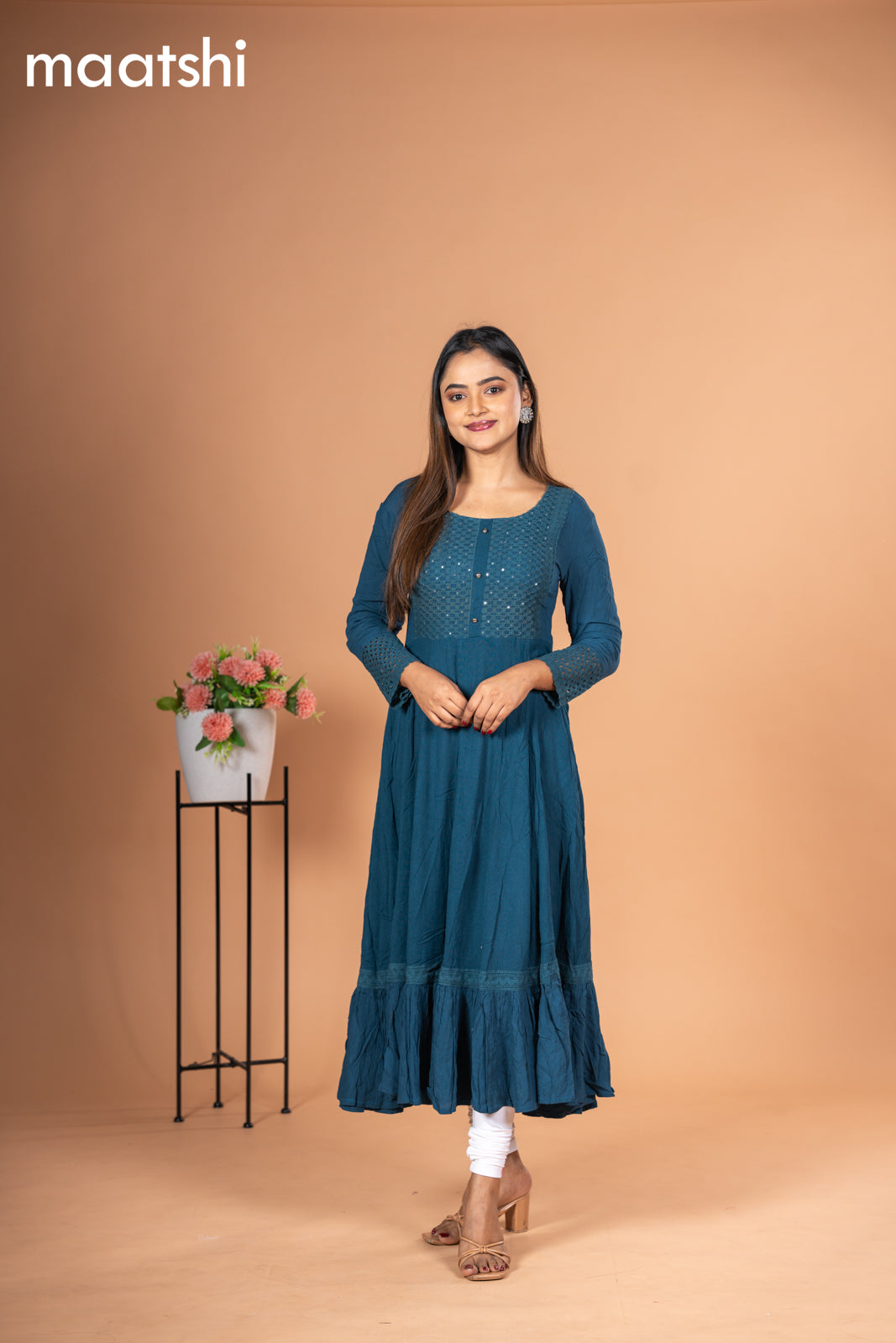 Cotton readymade anarkali kurti peacock blue with embroidery sequin work neck pattern without pant