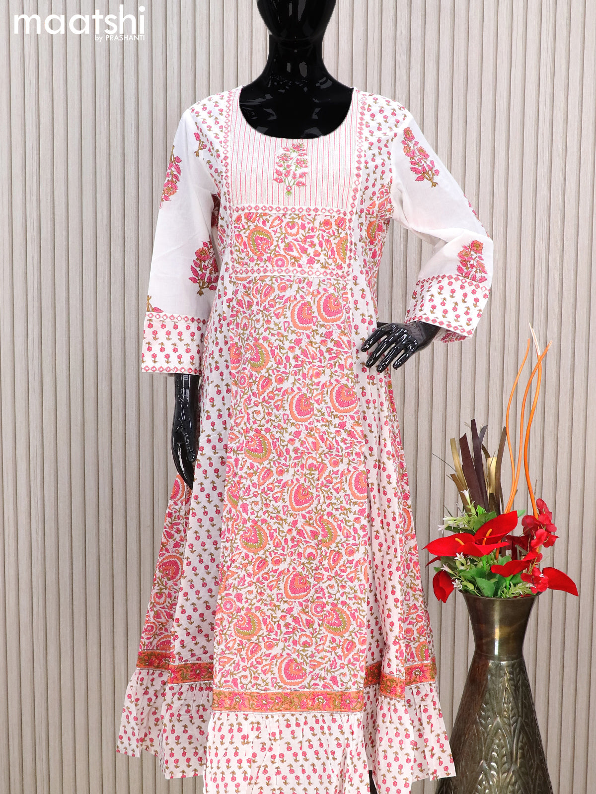 Cotton readymade anarkali kurti off white with allover floral prints ...
