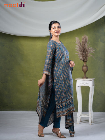 Muslin readymade salwar suits brown shade and blue with allover geometric prints & stone sequin work neck pattern and straight cut pant & dupatta