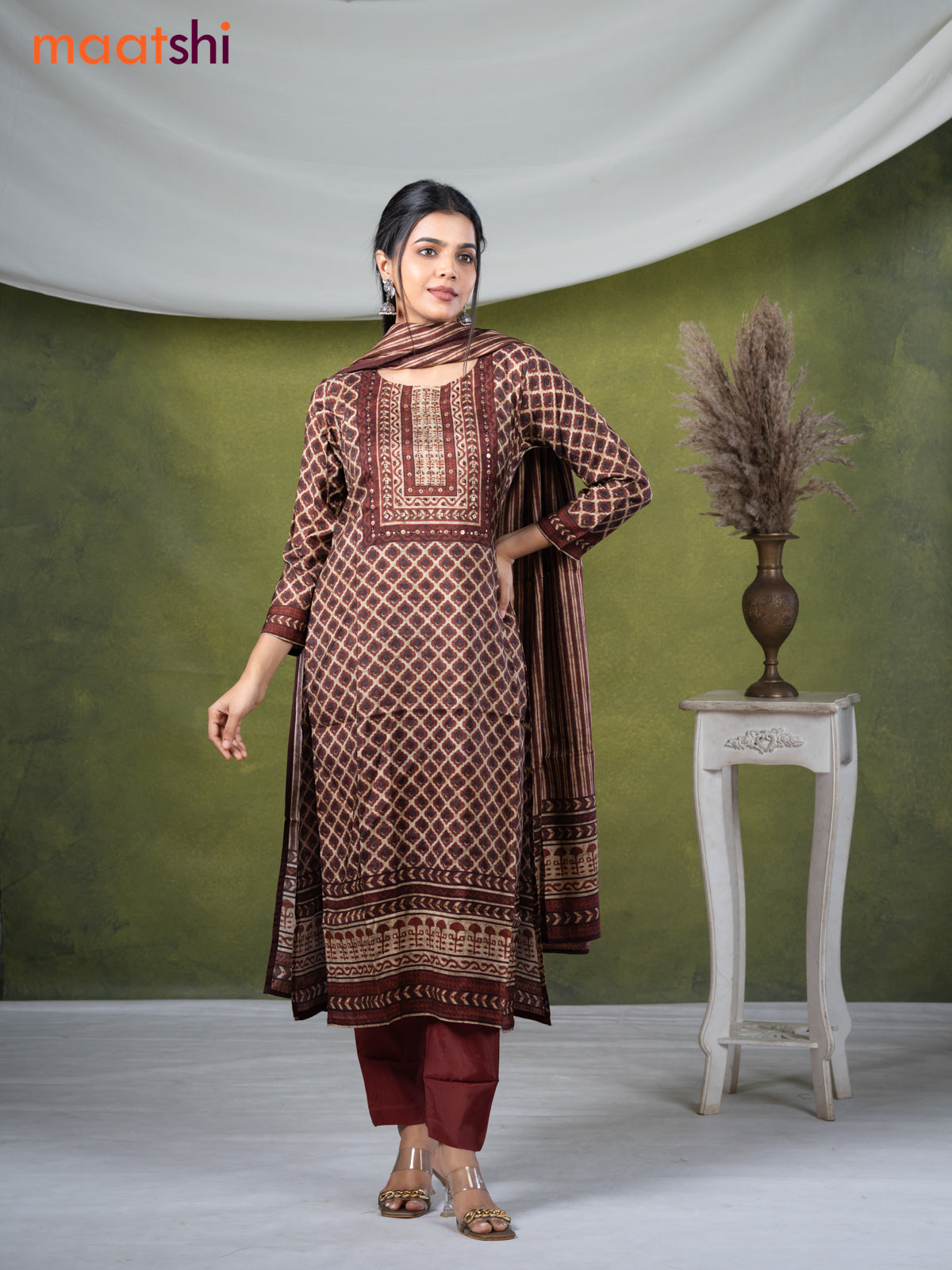 Muslin readymade salwar suits beige and rust brown with allover geometric prints & stone sequin work neck pattern and straight cut pant & dupatta