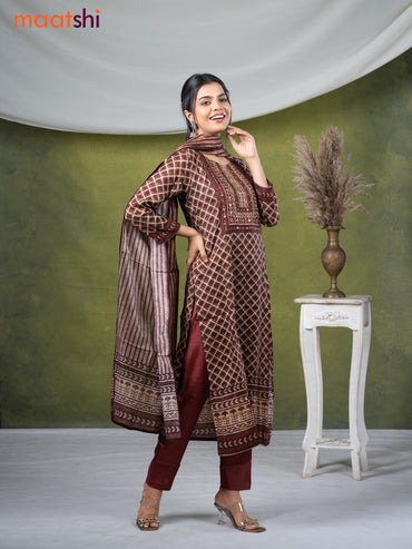 Muslin readymade salwar suits beige and rust brown with allover geometric prints & stone sequin work neck pattern and straight cut pant & dupatta