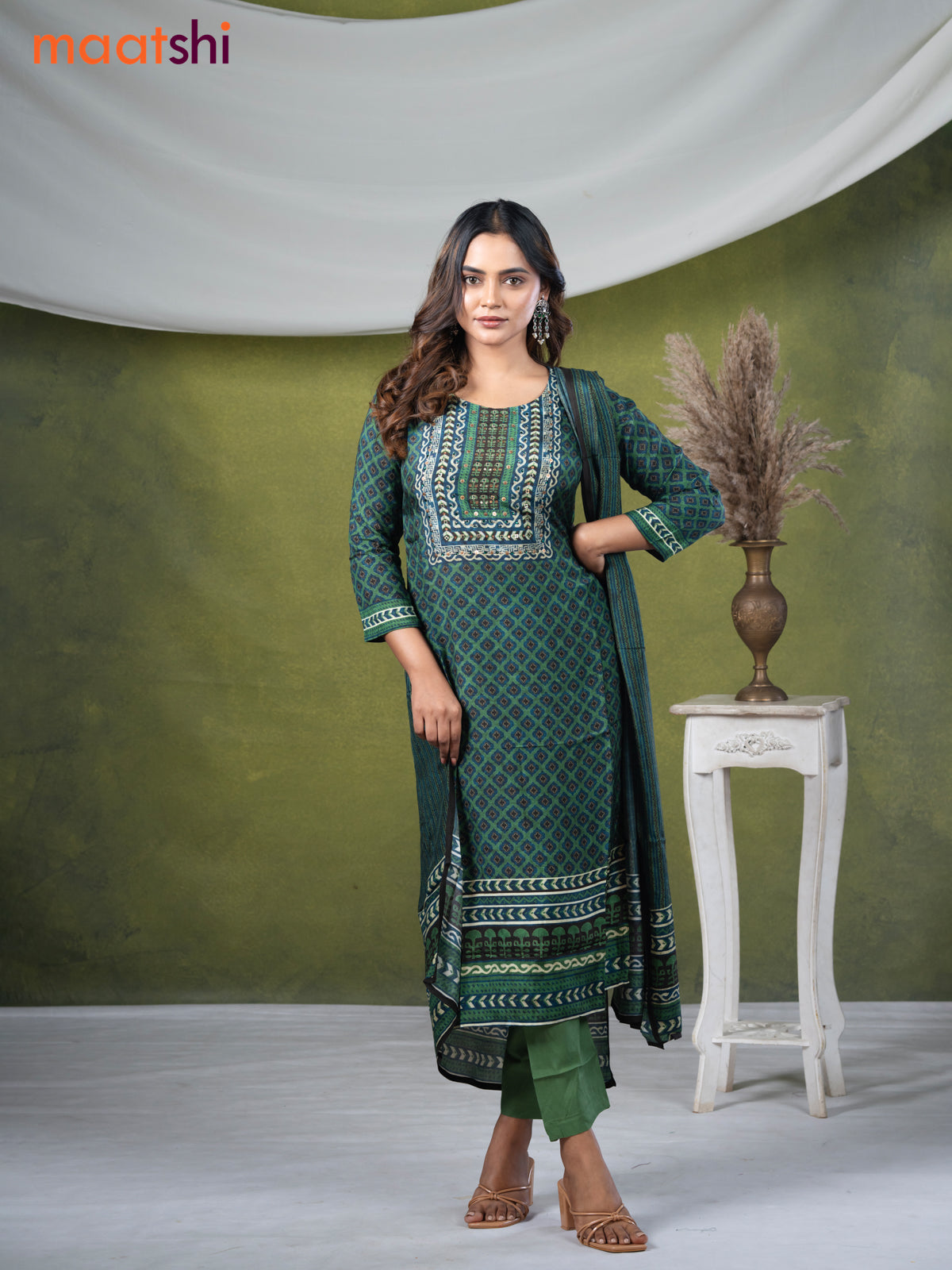 Muslin readymade salwar suits green and blue with allover geometric prints & stone sequin work neck pattern and straight cut pant & dupatta