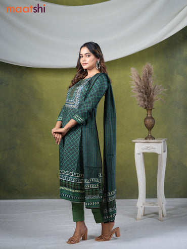 Muslin readymade salwar suits green and blue with allover geometric prints & stone sequin work neck pattern and straight cut pant & dupatta