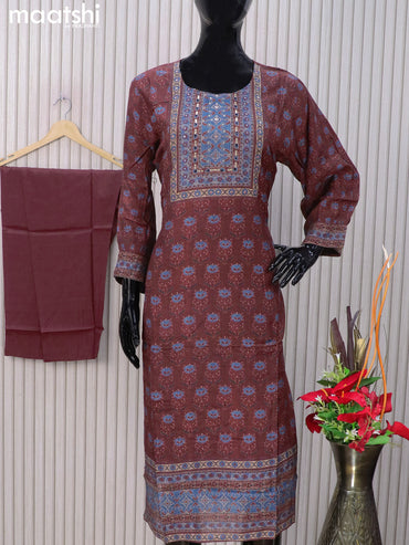 Muslin readymade salwar suits deep maroon and blue with allover floral prints & sequin work neck pattern and straight cut pant & dupatta