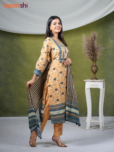 Muslin readymade salwar suits sandal with allover floral prints & sequin work neck pattern and straight cut pant & dupatta