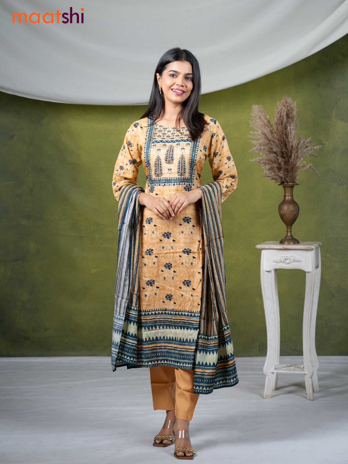 Muslin readymade salwar suits sandal with allover floral prints & sequin work neck pattern and straight cut pant & dupatta