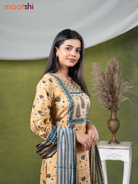 Muslin readymade salwar suits sandal with allover floral prints & sequin work neck pattern and straight cut pant & dupatta