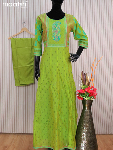 Raw silk readymade anarkali salwar suits green with allover prints & embroidery work neck pattern and straight cut pant & dupatta