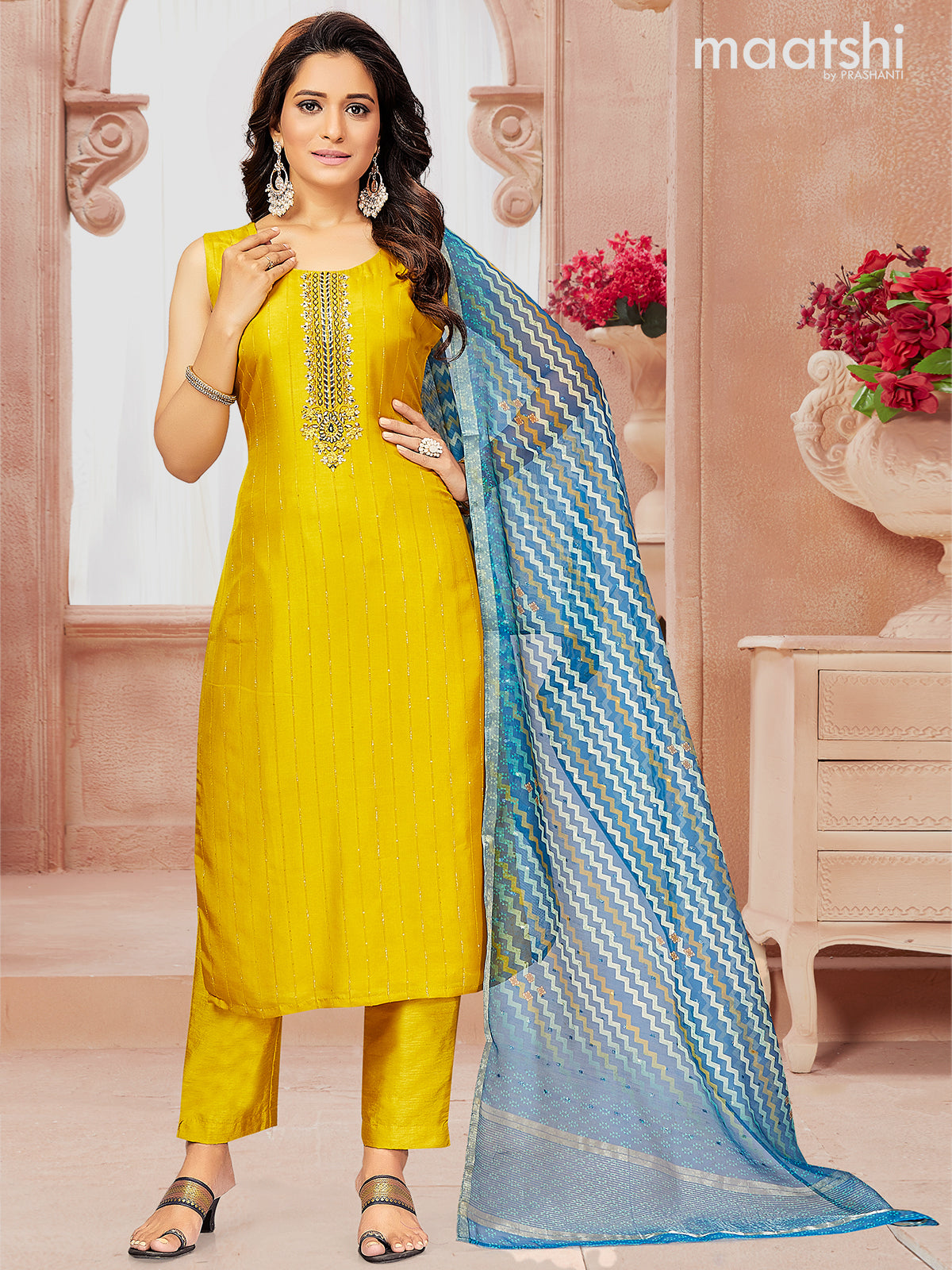 Raw silk readymade salwar suits mustard yellow with embroidery work neck pattern & sleeve attached and straight cut pant & printed dupatta