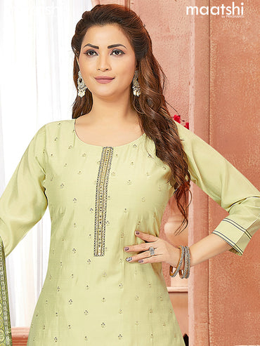 Raw silk readymade salwar suits pastel green with embroidery work buttas & mirror work neck pattern and straight cut pant & printed dupatta