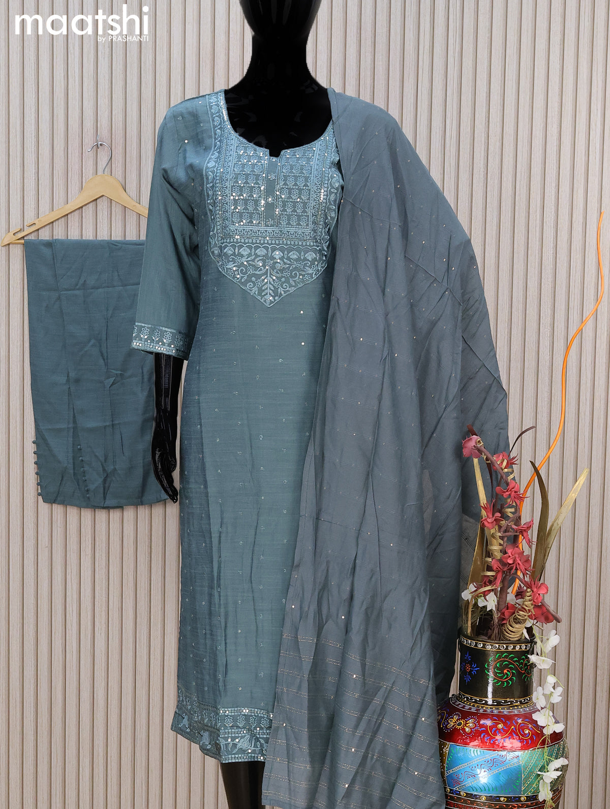 Chanderi readymade salwar suit greyish blue shade with sequin & embroidery work neck pattern and straight cut pant & sequin work dupatta