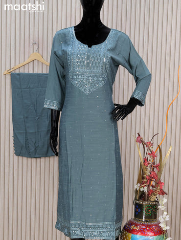 Chanderi readymade salwar suit greyish blue shade with sequin & embroidery work neck pattern and straight cut pant & sequin work dupatta