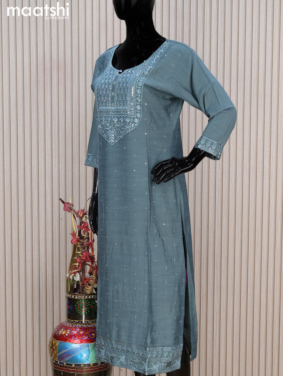 Chanderi readymade salwar suit greyish blue shade with sequin & embroidery work neck pattern and straight cut pant & sequin work dupatta