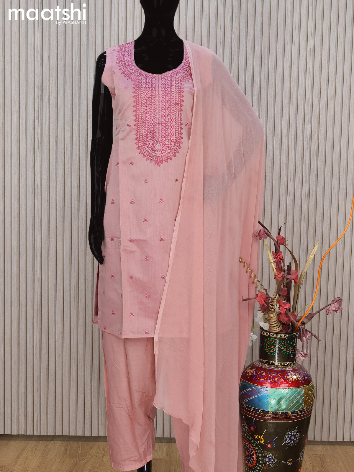 Chanderi readymade salwar suit pastel pink with embroidery buttas & embroidery work neck pattern and straight cut pant & chiffon dupatta