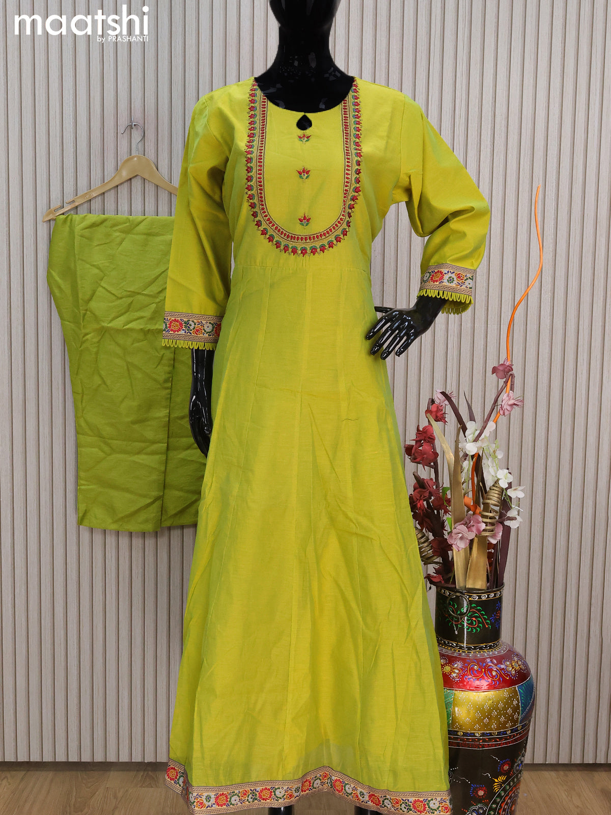 Raw silk readymade anarkali salwar suits light green with embroidery work neck pattern and straight cut pant & dupatta