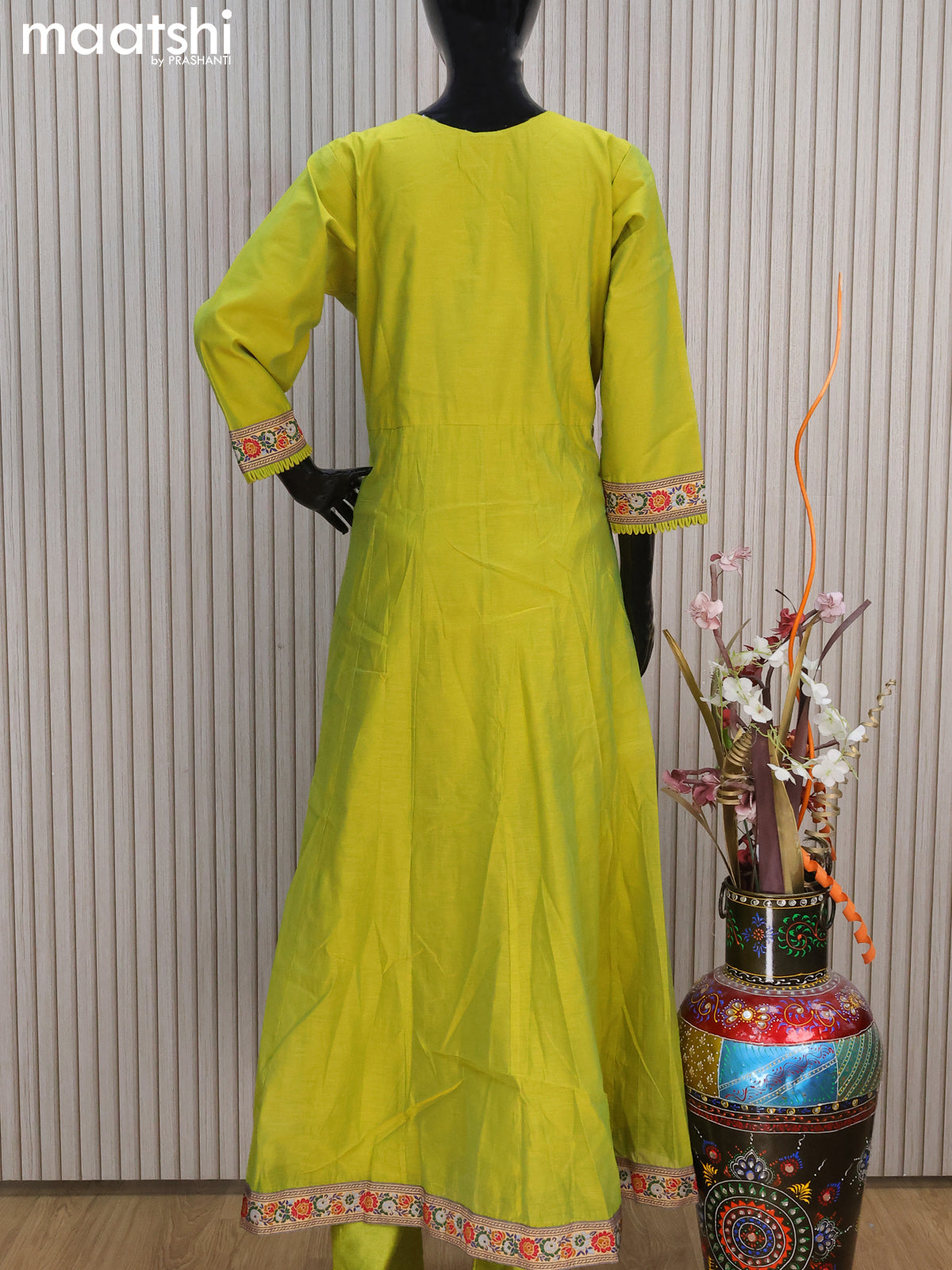 Raw silk readymade anarkali salwar suits light green with embroidery work neck pattern and straight cut pant & dupatta