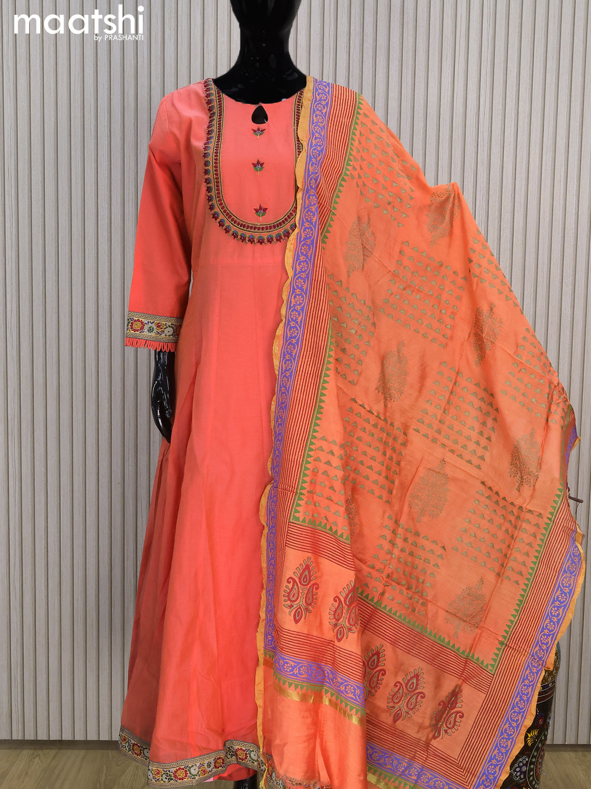 Raw silk readymade anarkali salwar suits peach orange shade with embroidery work neck pattern and straight cut pant & dupatta