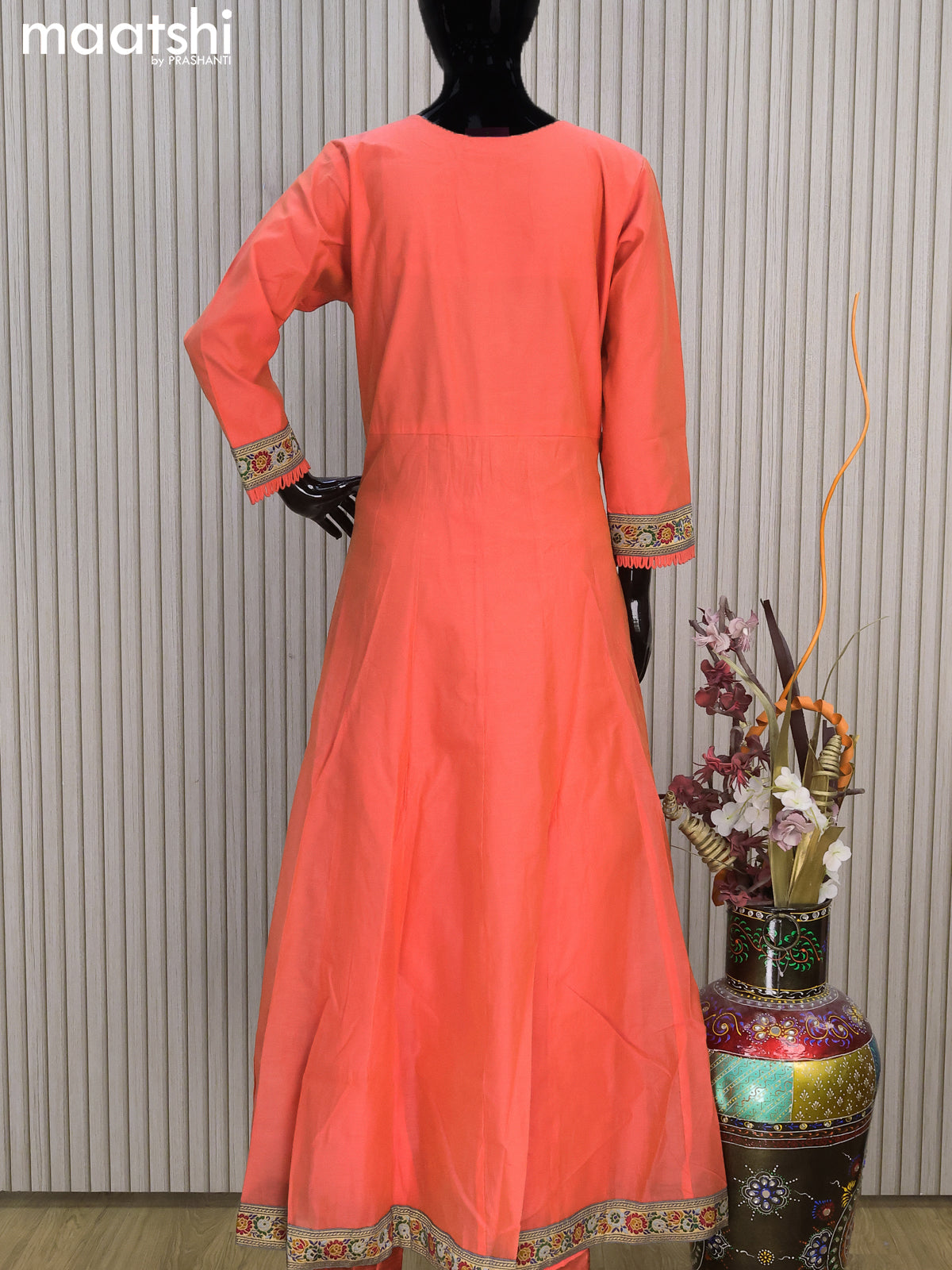 Raw silk readymade anarkali salwar suits peach orange shade with embroidery work neck pattern and straight cut pant & dupatta