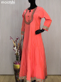 Raw silk readymade anarkali salwar suits peach orange shade with embroidery work neck pattern and straight cut pant & dupatta