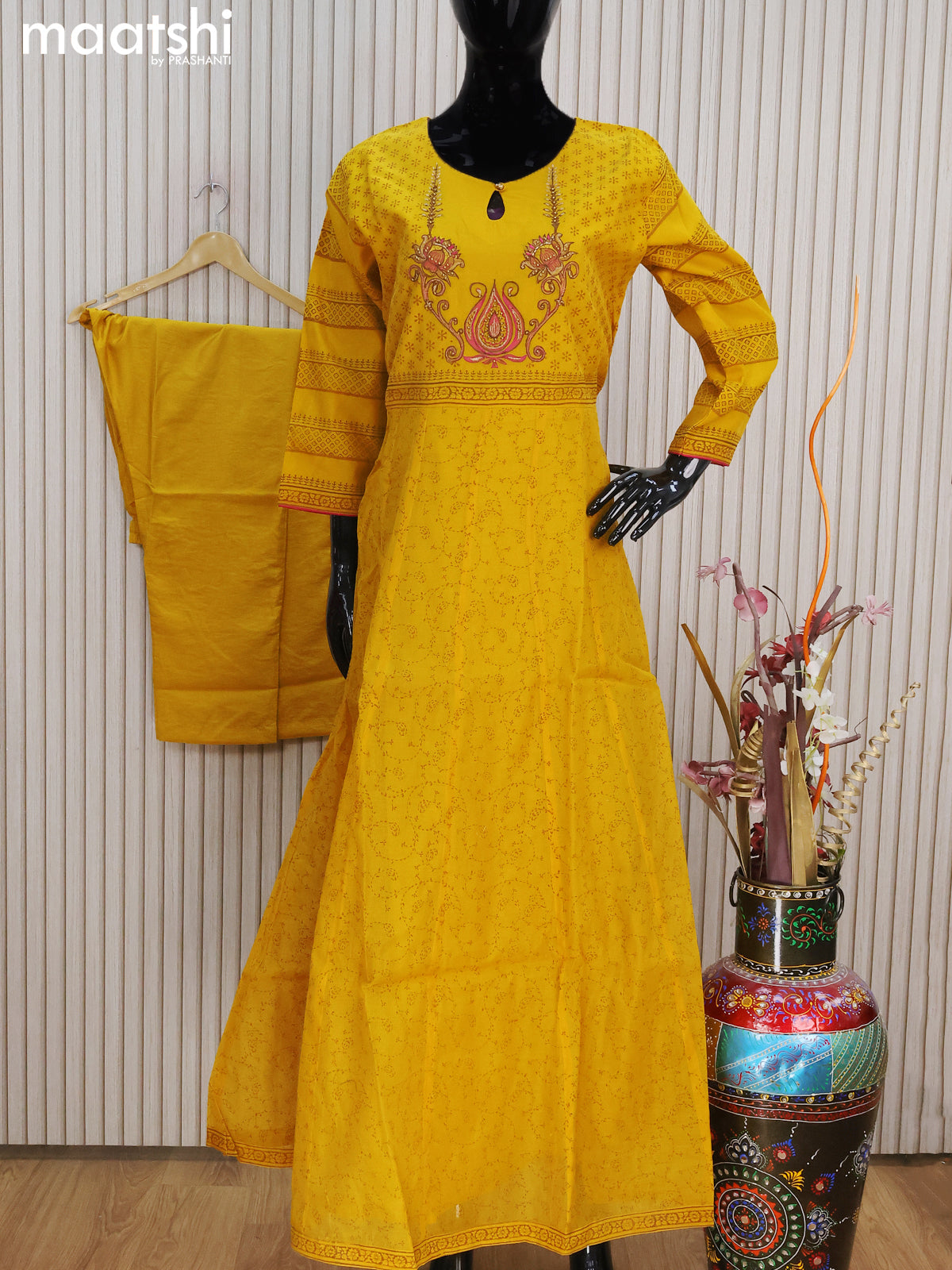 Raw silk readymade anarkali salwar suits yellow with allover prints & embroidery work neck pattern and straight cut pant & dupatta