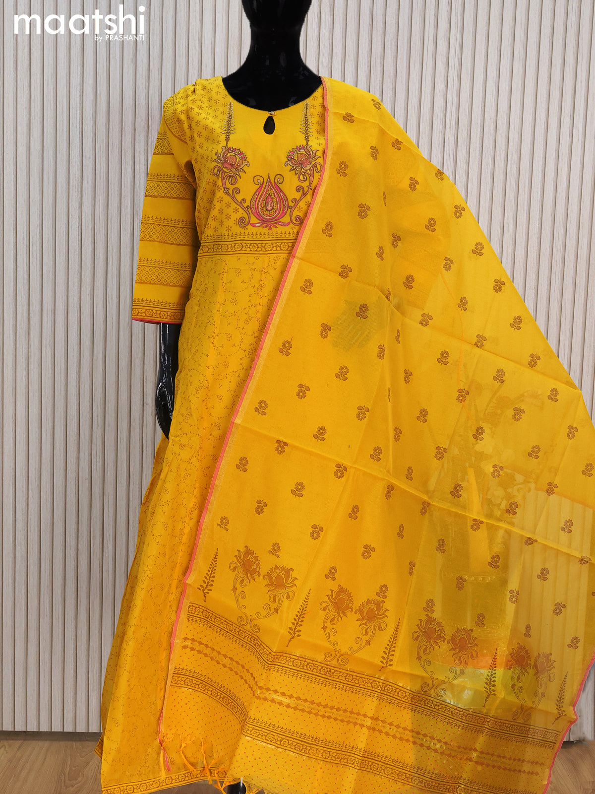 Raw silk readymade anarkali salwar suits yellow with allover prints & embroidery work neck pattern and straight cut pant & dupatta