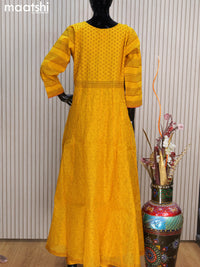 Raw silk readymade anarkali salwar suits yellow with allover prints & embroidery work neck pattern and straight cut pant & dupatta