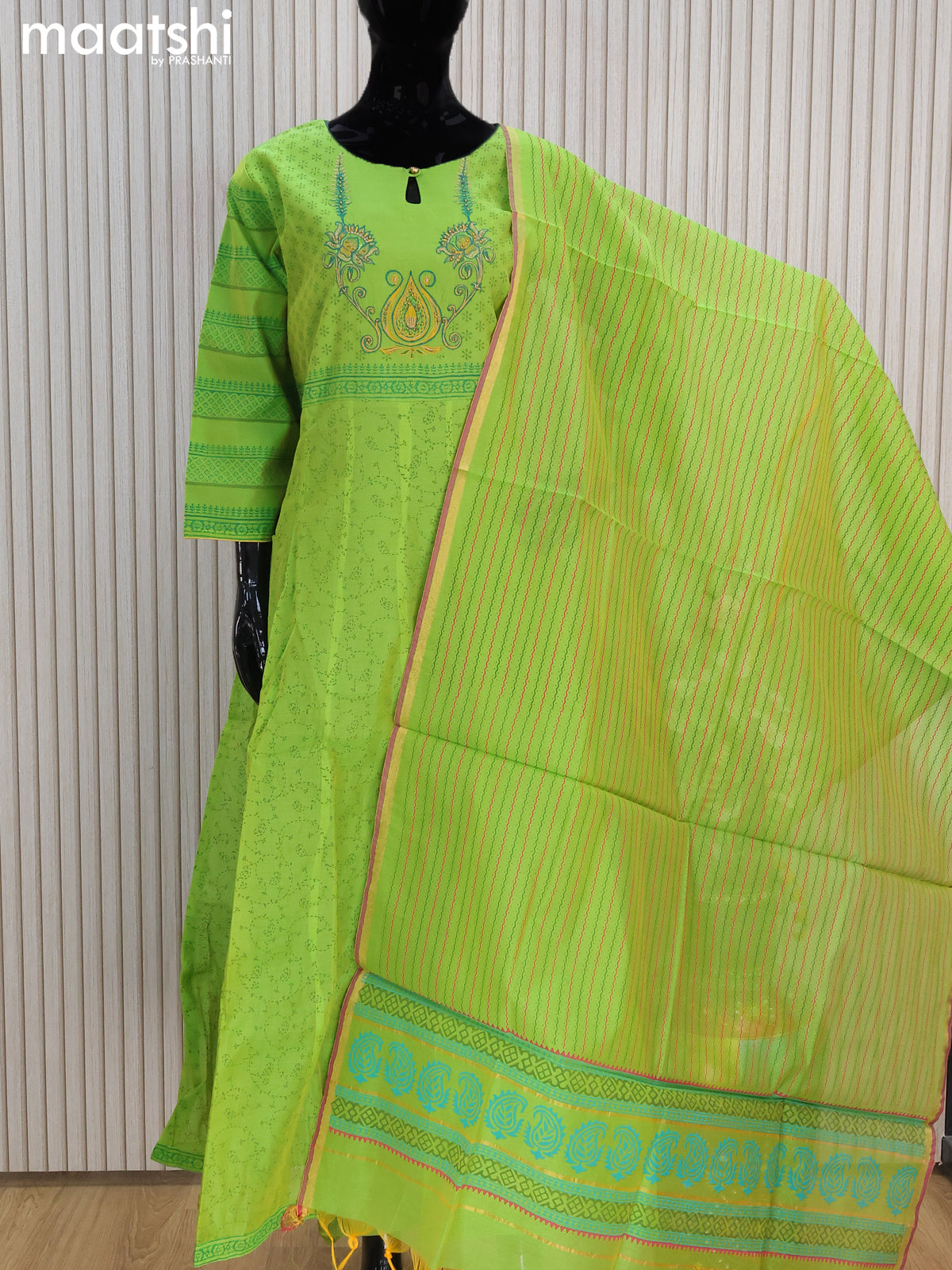 Raw silk readymade anarkali salwar suits green with allover prints & embroidery work neck pattern and straight cut pant & dupatta