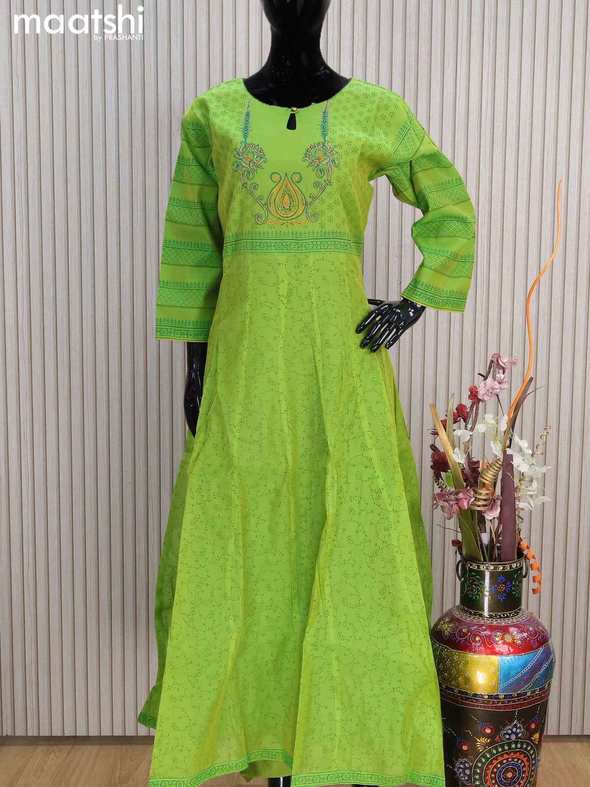 Raw silk readymade anarkali salwar suits green with allover prints & embroidery work neck pattern and straight cut pant & dupatta