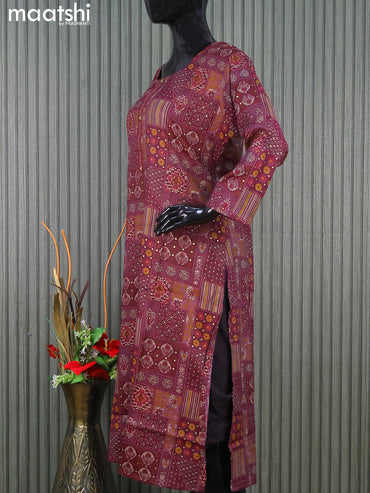 Rayon readymade kurti set dark magenta pink and maroon with allover prints & simple neck pattern and straight cut pant