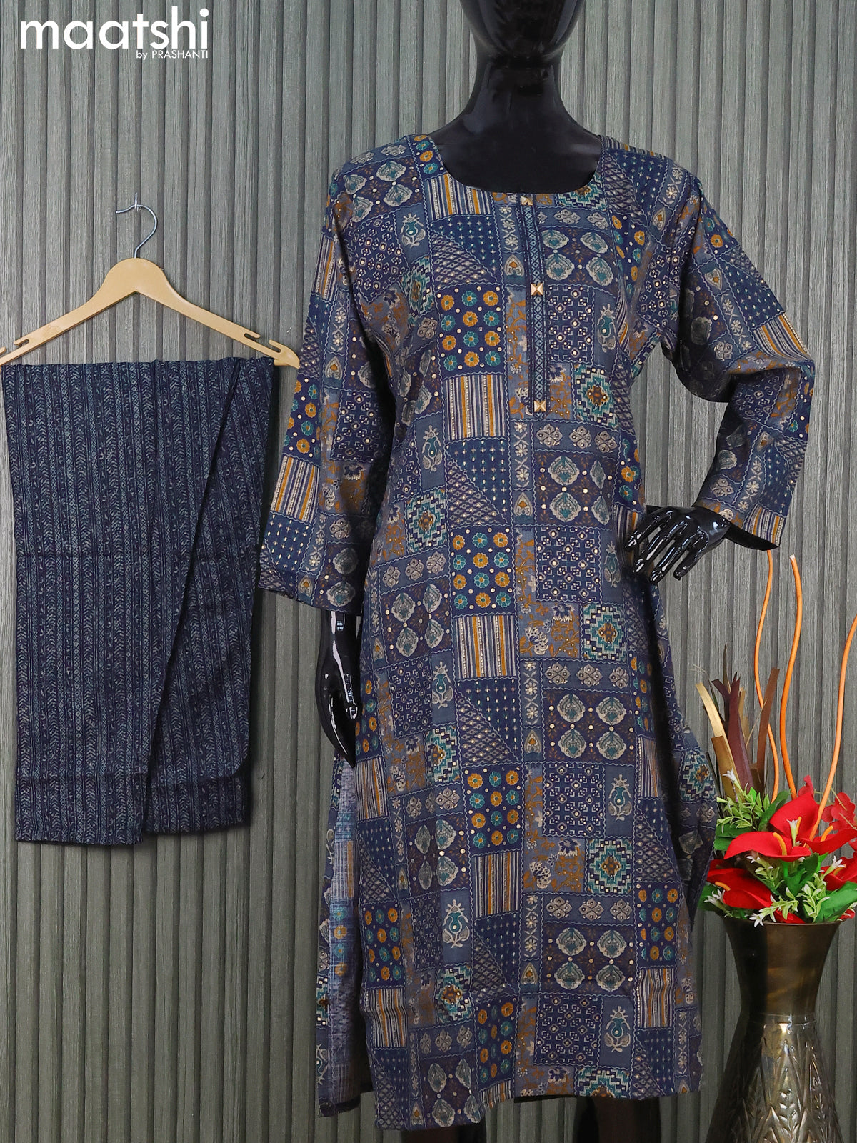 Rayon readymade kurti set blue with allover prints & simple neck pattern and straight cut pant