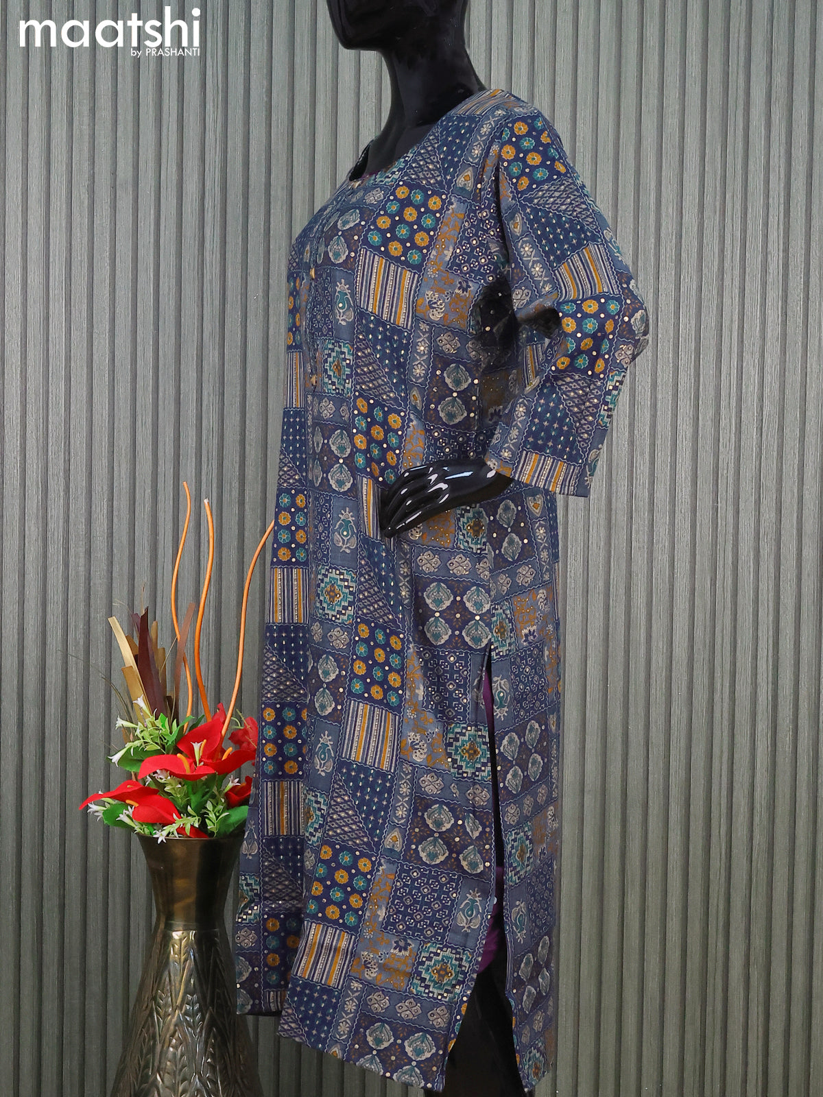 Rayon readymade kurti set blue with allover prints & simple neck pattern and straight cut pant