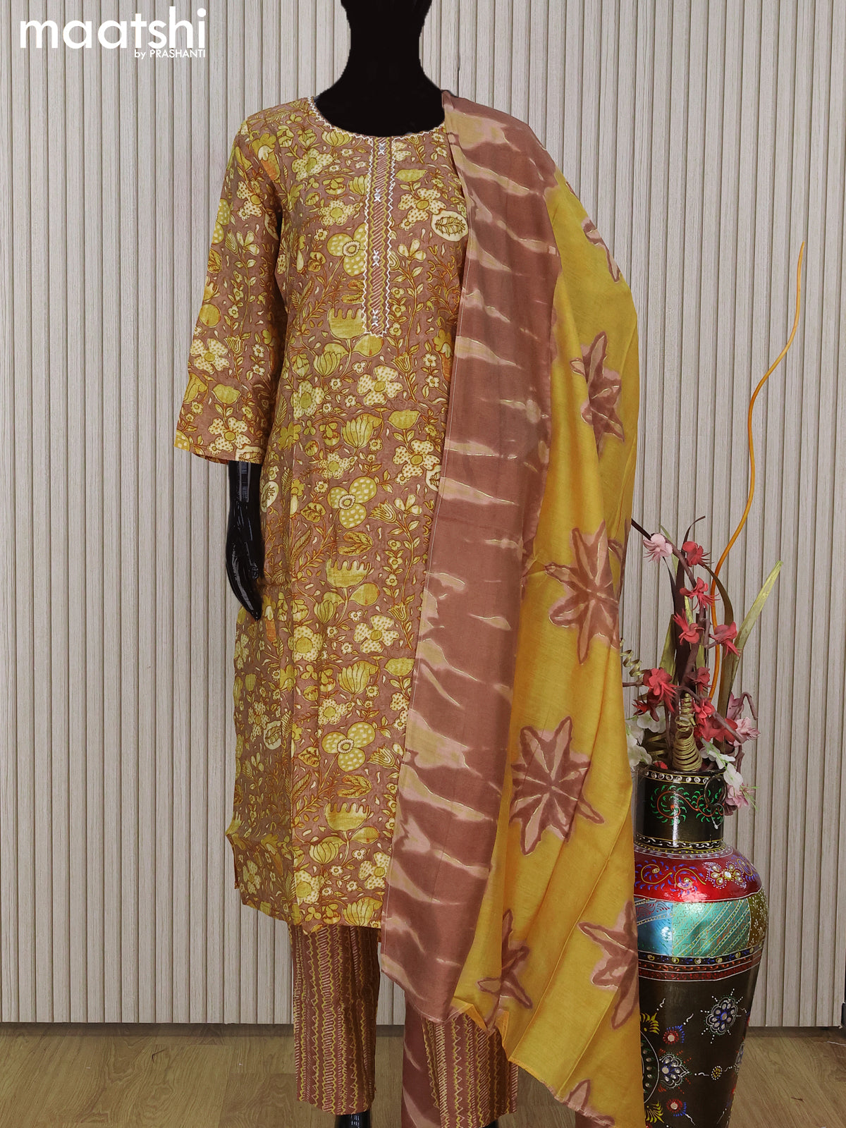 Modal readymade salwar suit brown and mustard shade with allover kalamkari prints & simple neck pattern and straight cut pant & printed dupatta