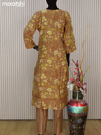 Modal readymade salwar suit brown and mustard shade with allover kalamkari prints & simple neck pattern and straight cut pant & printed dupatta