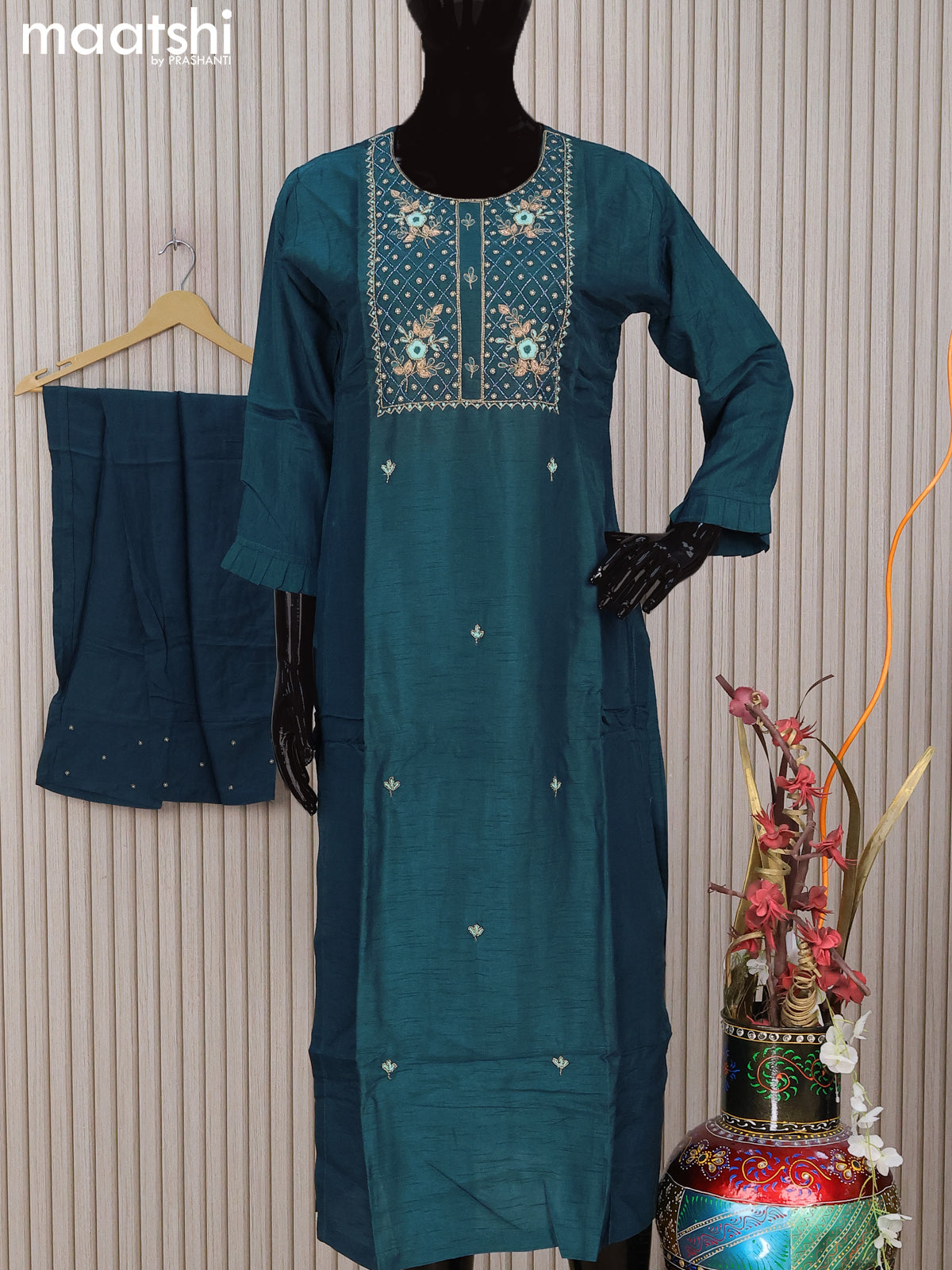 Chanderi readymade salwar suit peacock blue with allover beaded embroidery work neck pattern and straight cut pant & sequin work dupatta