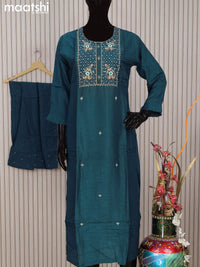 Chanderi readymade salwar suit peacock blue with allover beaded embroidery work neck pattern and straight cut pant & sequin work dupatta