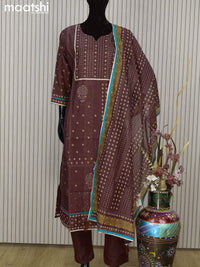 Chanderi readymade salwar suit deep brown with allover prints & sequin work neck pattern and straight cut pant & printed dupatta