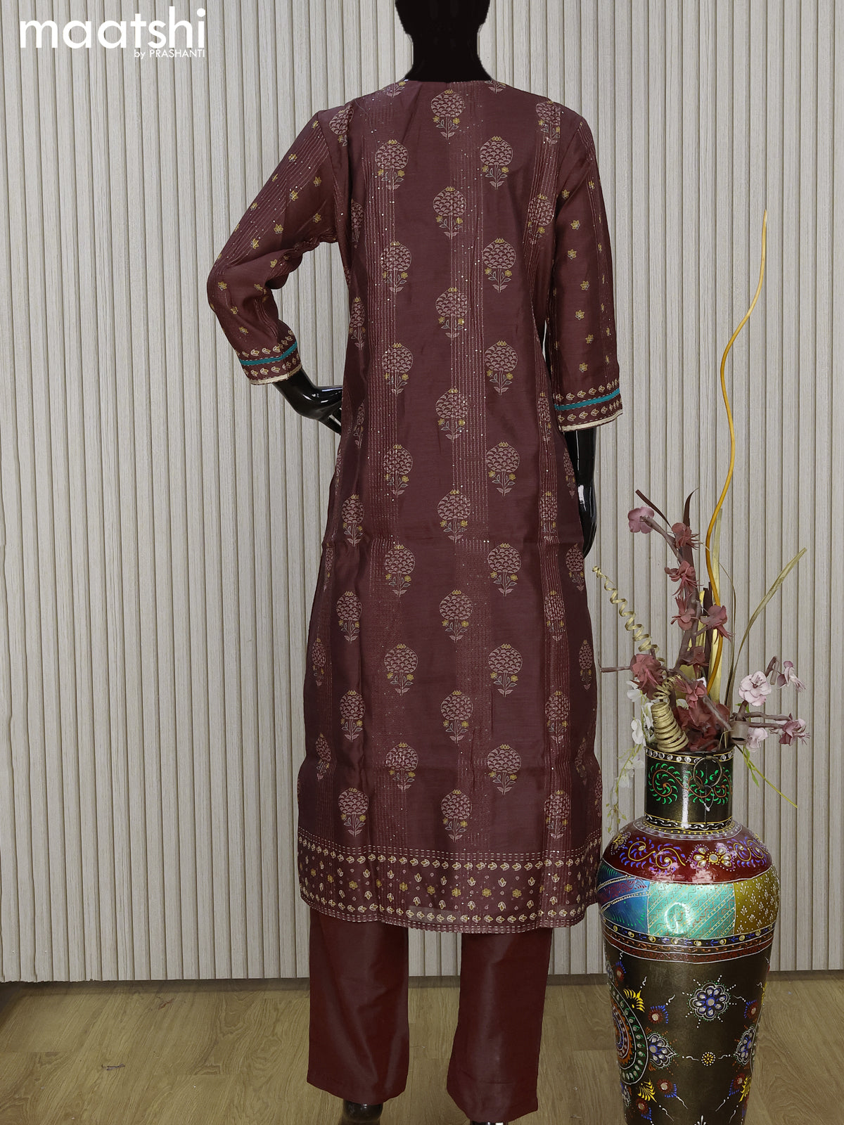 Chanderi readymade salwar suit deep brown with allover prints & sequin work neck pattern and straight cut pant & printed dupatta