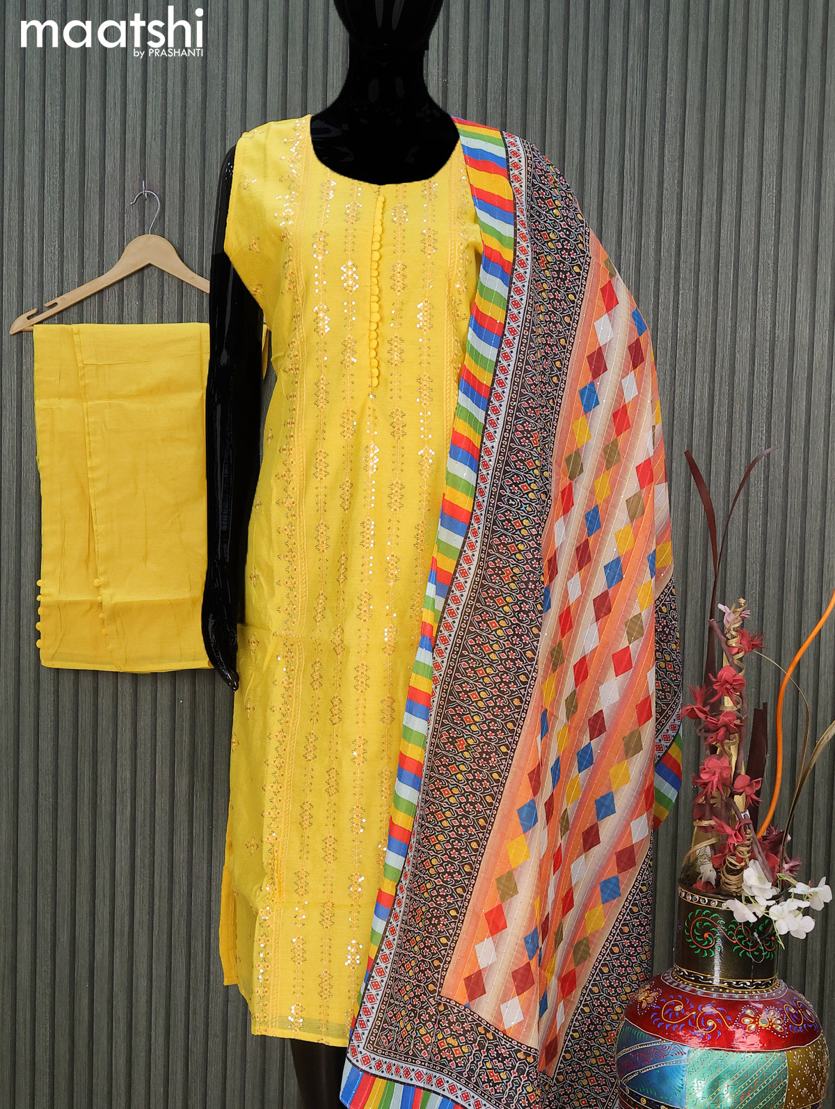 Chanderi readymade salwar suit yellow with allover embroidery sequin work neck pattern & sleeve attched and straight cut pant & sequin work dupatta