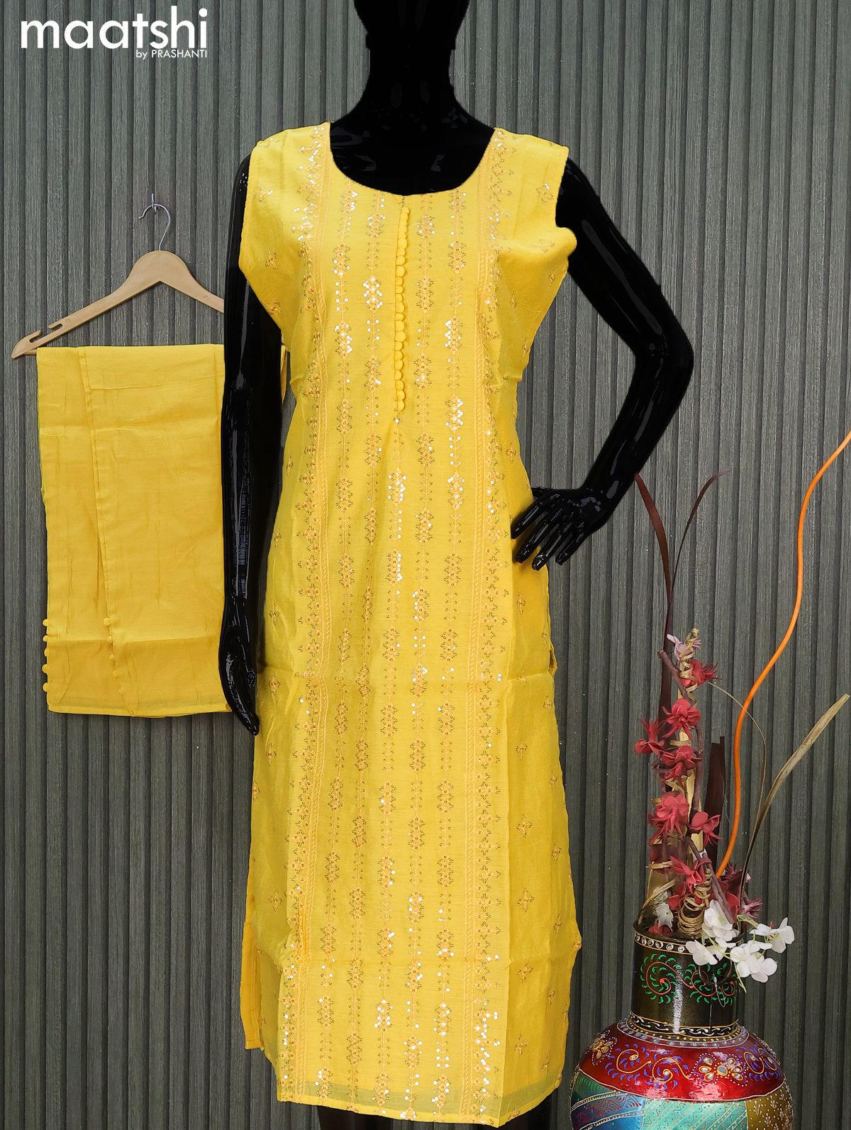 Chanderi readymade salwar suit yellow with allover embroidery sequin work neck pattern & sleeve attched and straight cut pant & sequin work dupatta